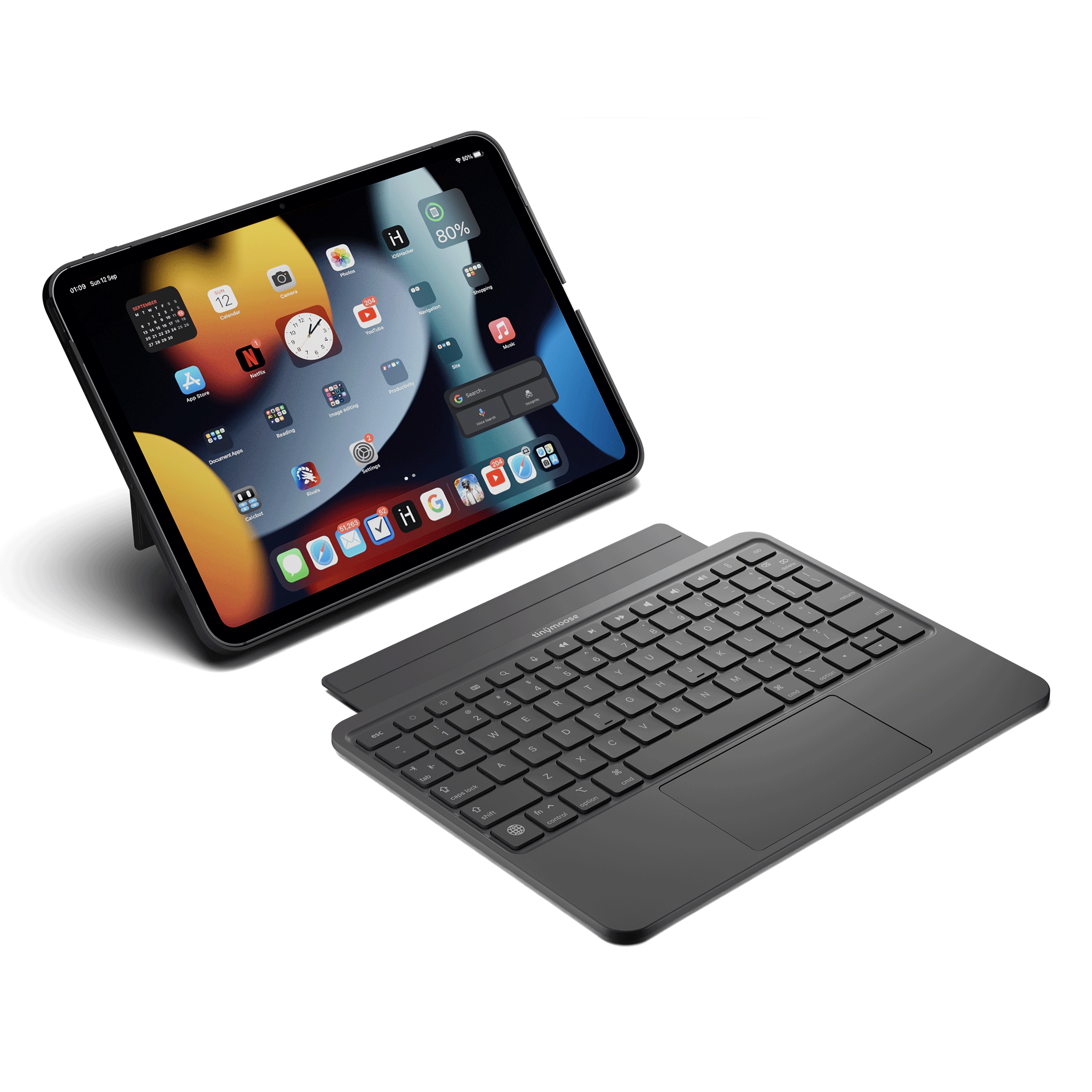 SpacePad iPad Keyboard - Black - (iPad Air 11 (4th–5th Gen) / Pro 11) beside iPad in a sleek setup.