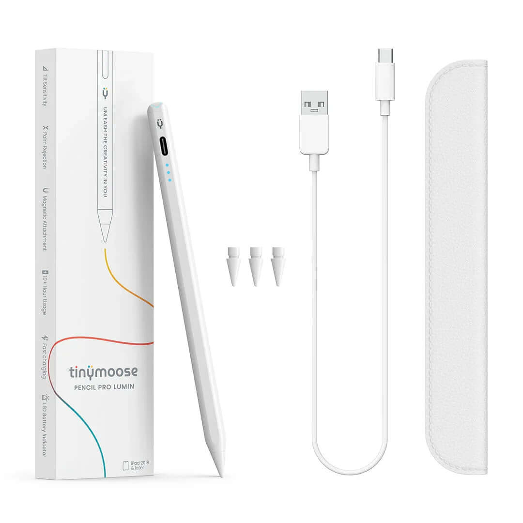 Pencil Pro Lumin Alpine White – iPad stylus with LED and palm rejection with packaging and content