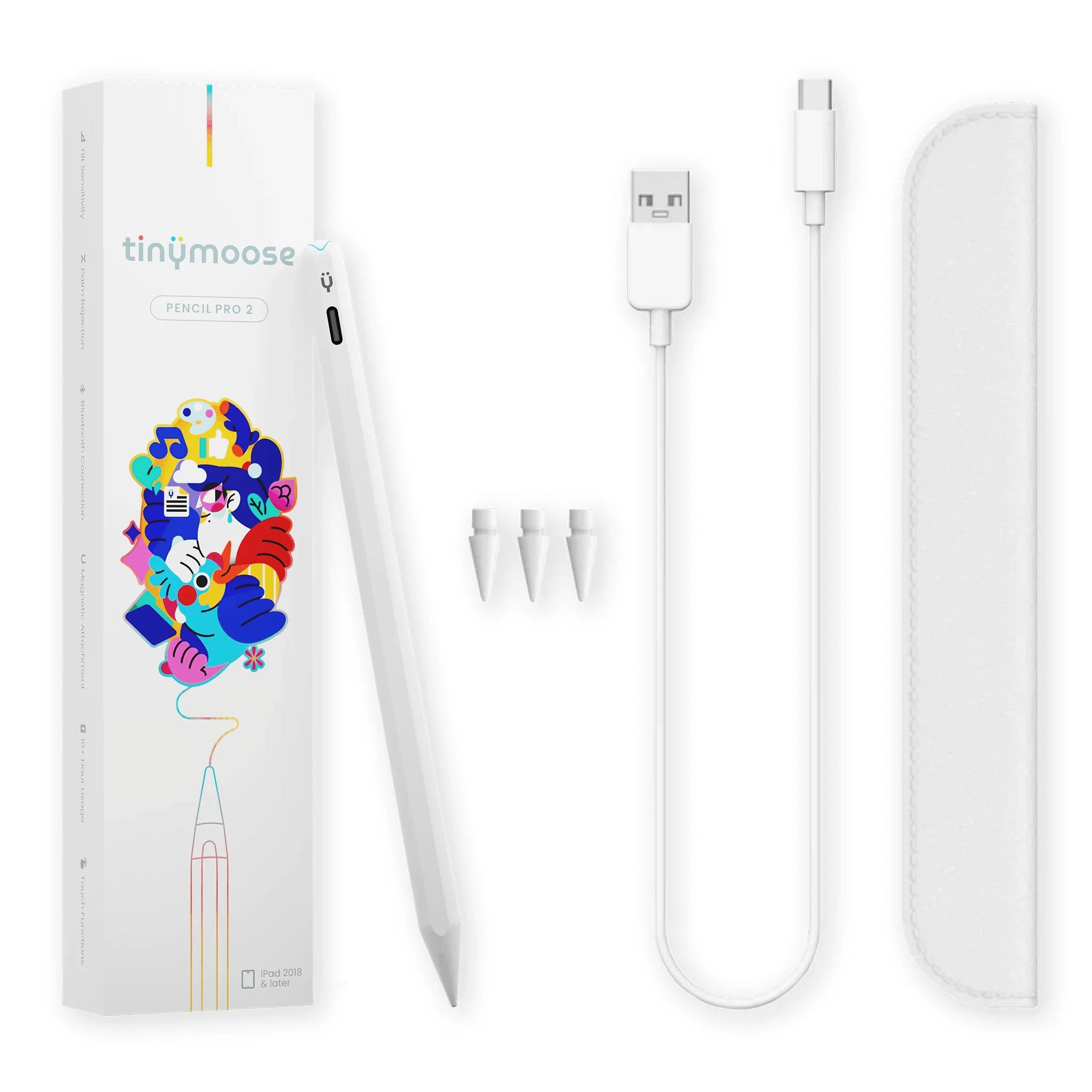 Pencil Pro 2 | Alpine White - With Gesture Controls stylus next to its packaging and interior additional products, ideal iPad pen for Apple iPad with gestures.